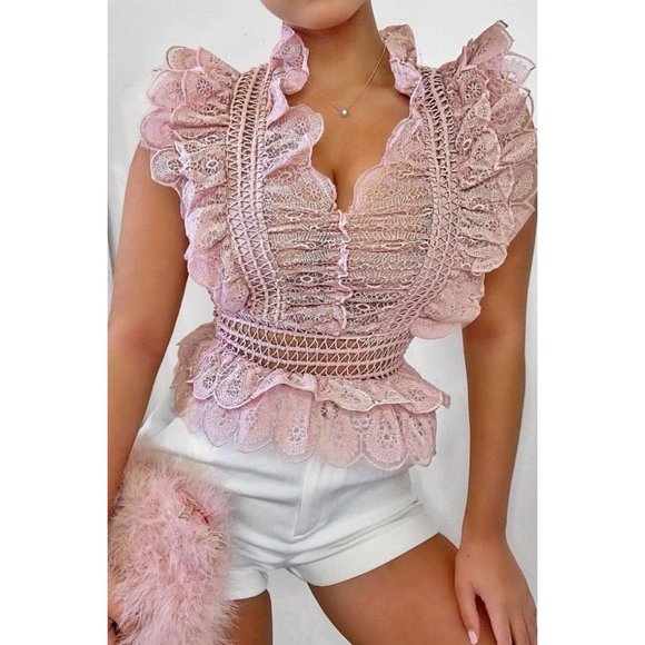 Pink Crochet Lace Sleeveless V-Neck Ruffle Peplum Top - Picture 3 of 9